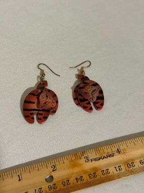 Handpainted Cat Face Drop Earrings in Terracotta Orange and Black